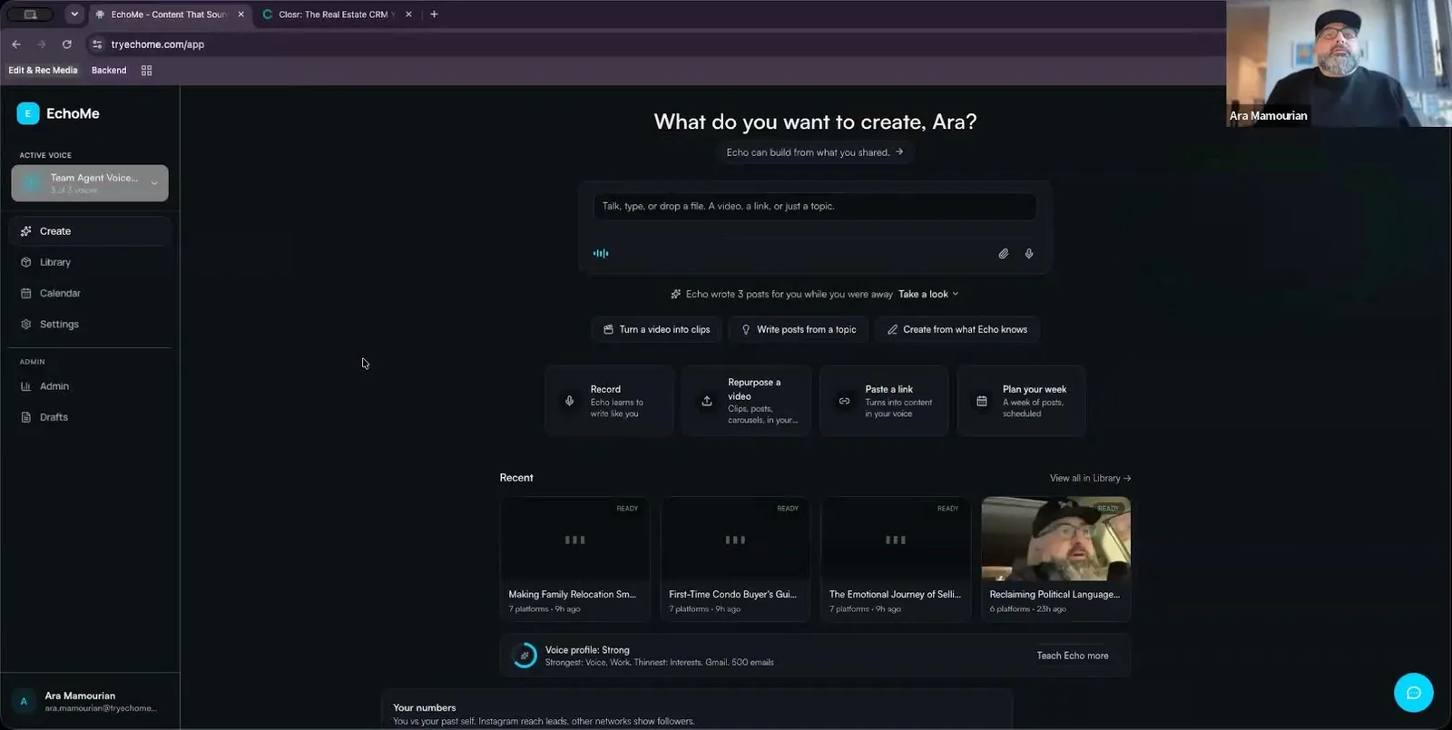 The EchoMe Create screen, where you drop in a video, a link or an idea