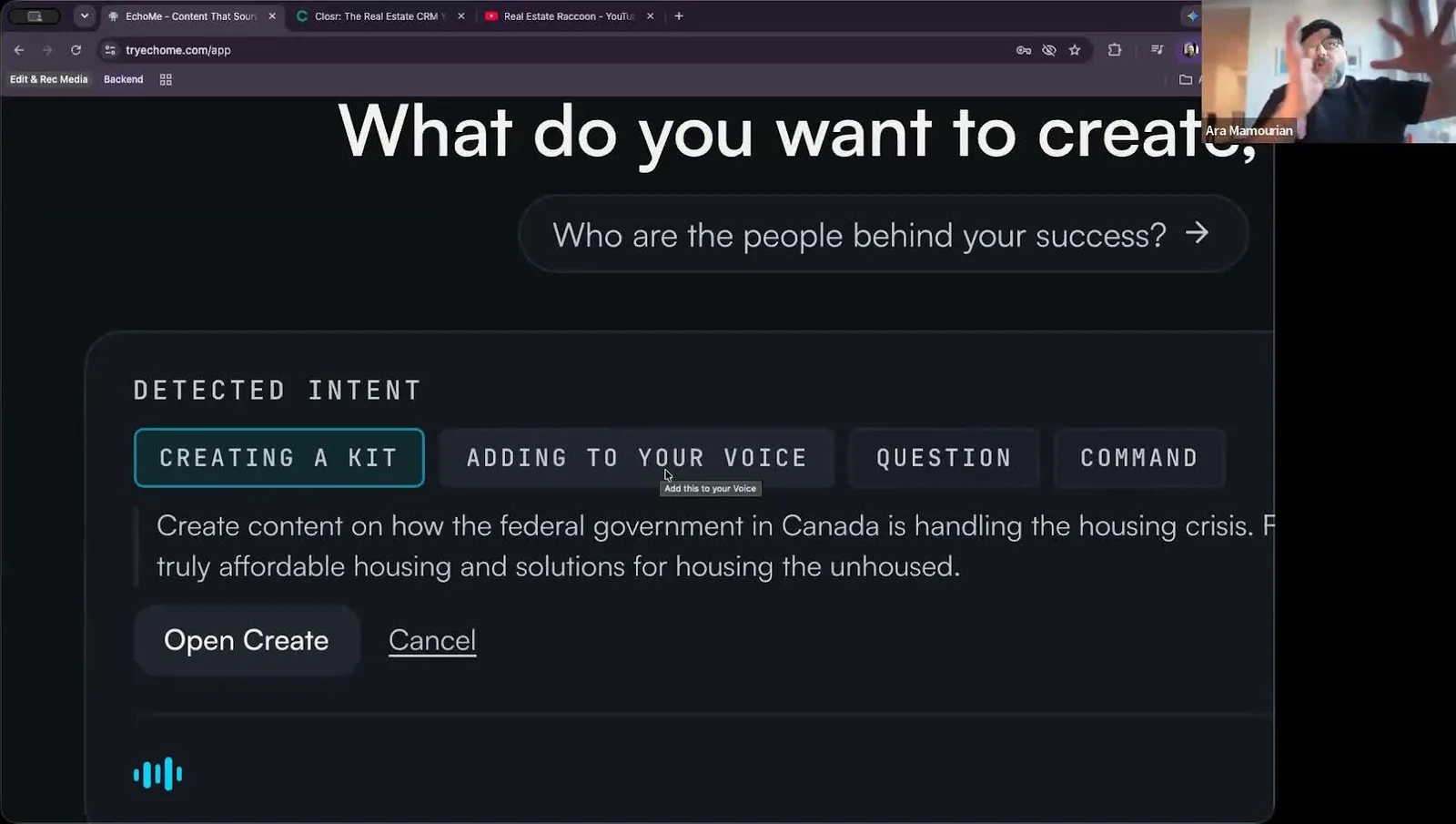 The Create box showing detected intent options: creating a kit, adding to your voice, question, command