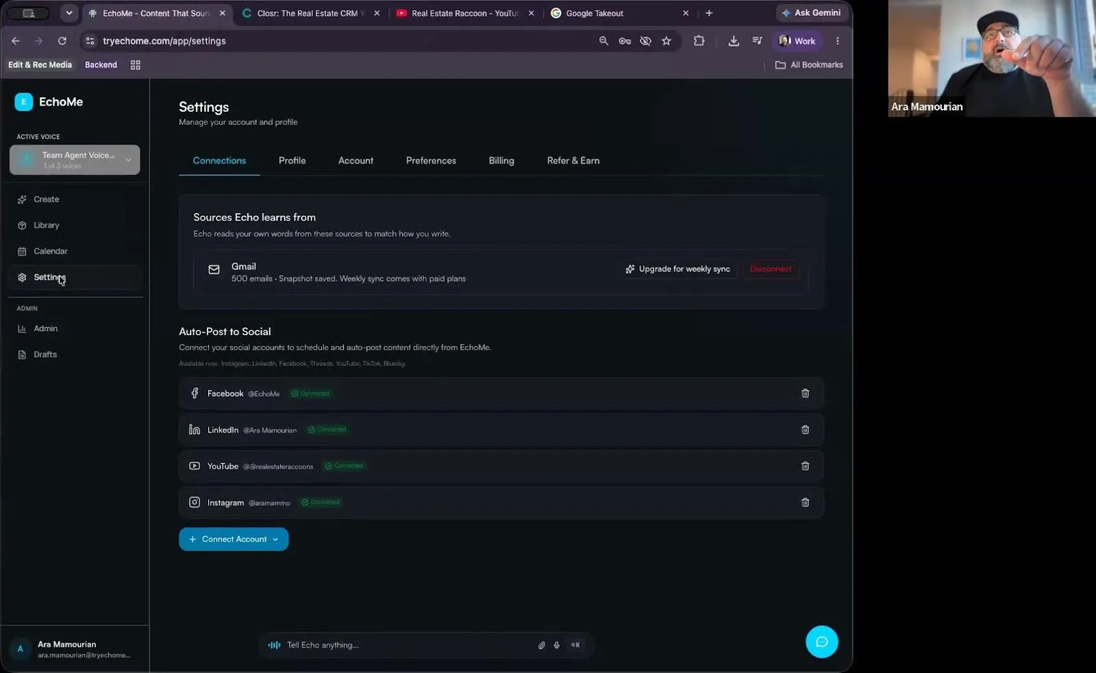 EchoMe settings showing connected Facebook, LinkedIn, YouTube and Instagram accounts