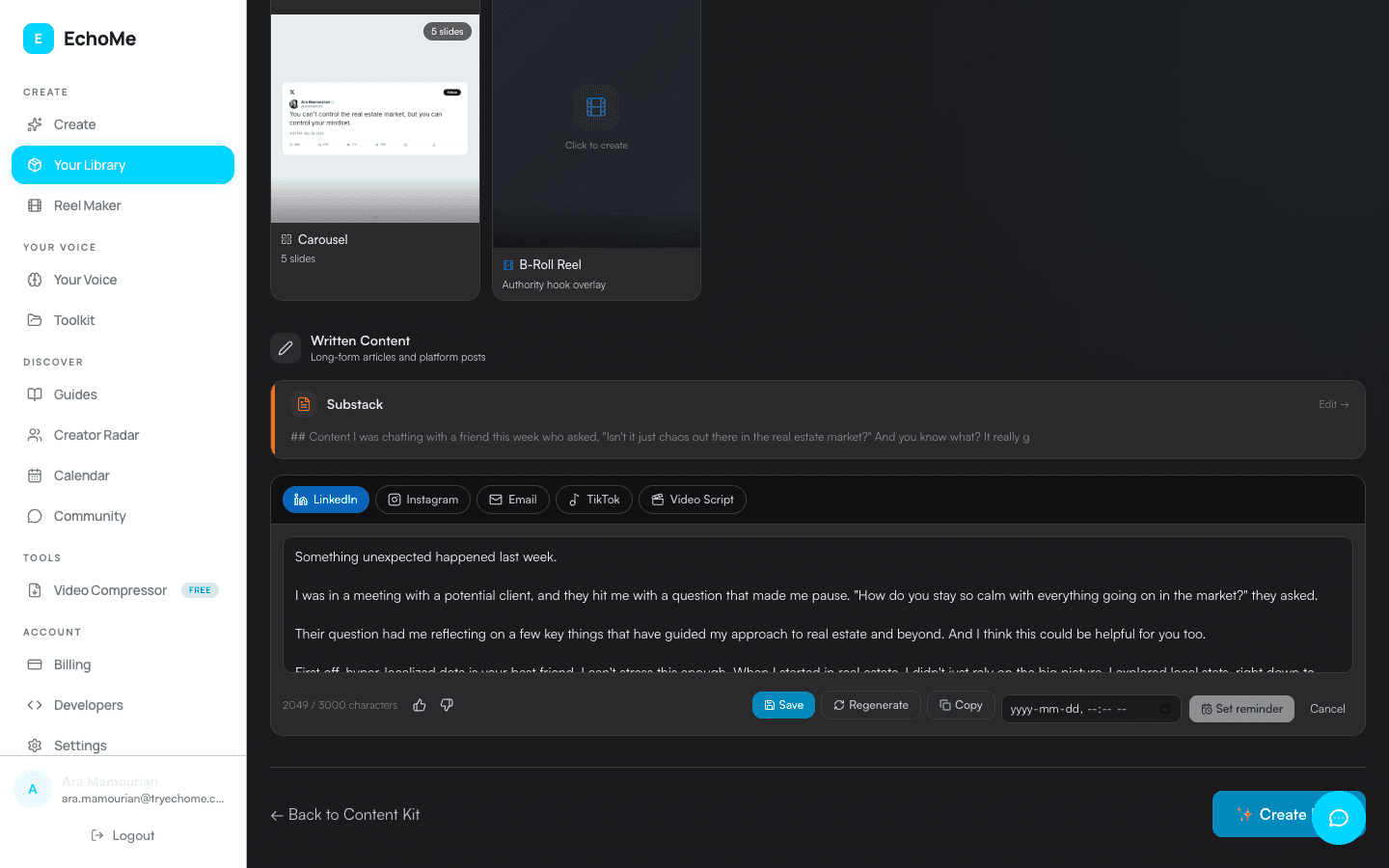 Clip editor showing the video on the left with burned-in captions and the post caption, platform picker, and Post now / Schedule buttons on the right