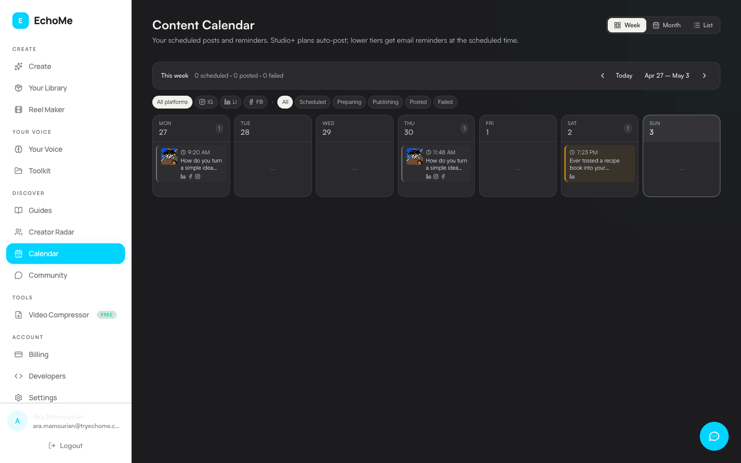 Event preview modal showing a reel scheduled for Sat Apr 25 9:12 AM with LinkedIn, Facebook, and Instagram all in Preparing media state